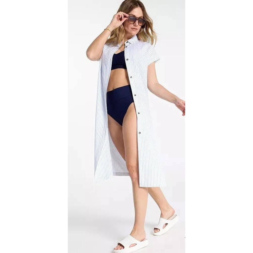 CALIA Women XS‎ Swim Coverup Shirt Dress Blue White Stripe Linen Blend Coastal
